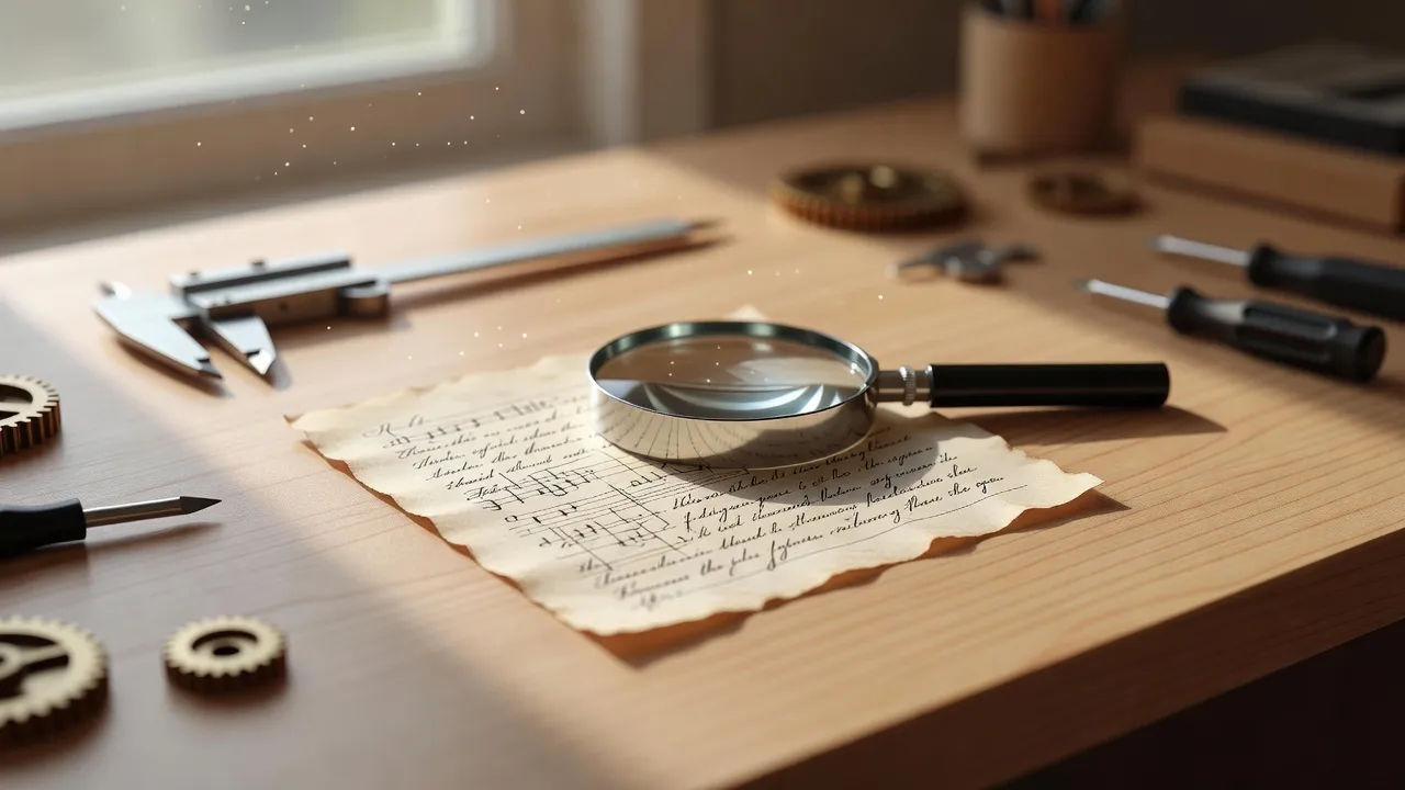 Workshop desk with a tiny script and a magnifying glass in warm light