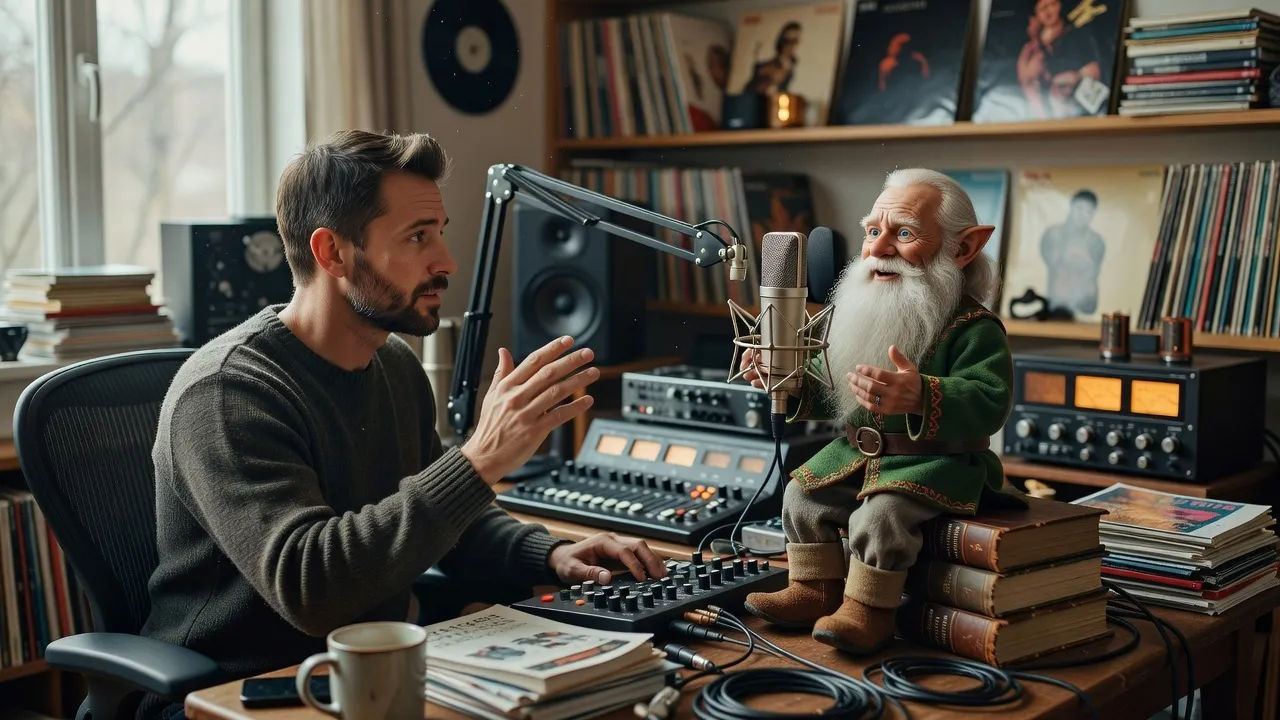 Sound designer directing a gnome voice at a cozy cluttered console