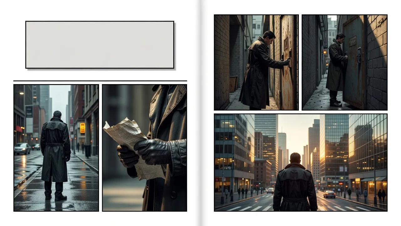 Graphic novel spread with bold panels and a narrator caption box