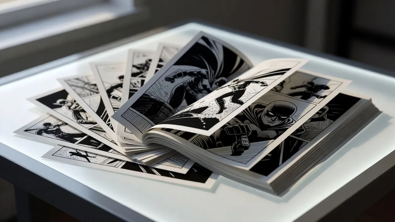 Dark inked graphic novel pages fanned across a light table