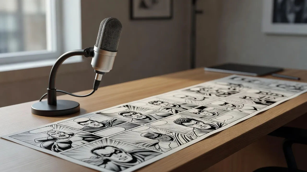 Editing timeline of comic panels beside a narration mic