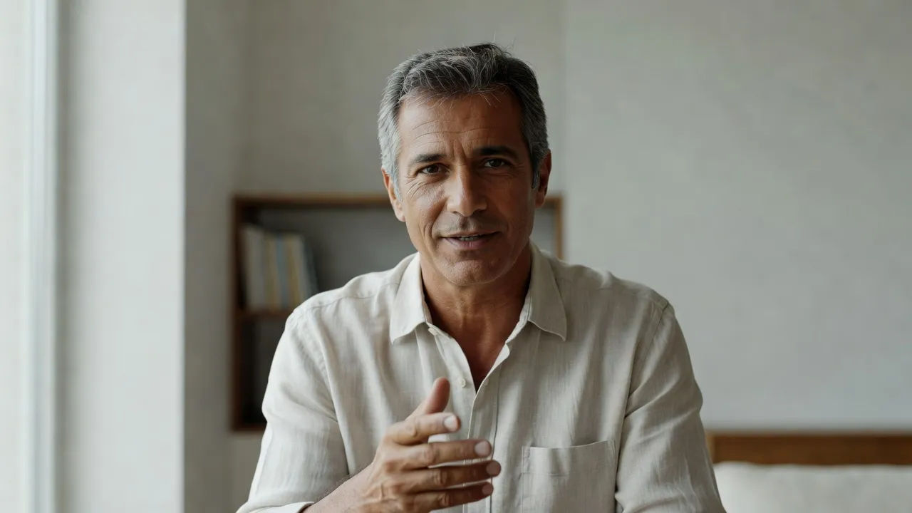 Seasoned storyteller speaking to camera with a natural Greek English inflection