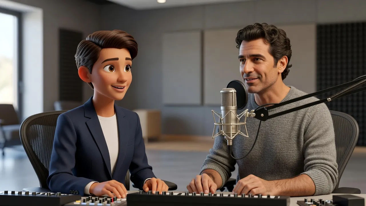Animated character and an audiobook narrator both voiced with a Greek English accent