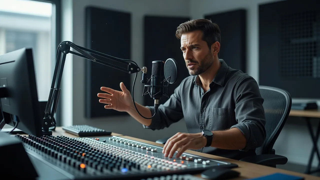 Sound designer directing a Greek English accent voice at a console