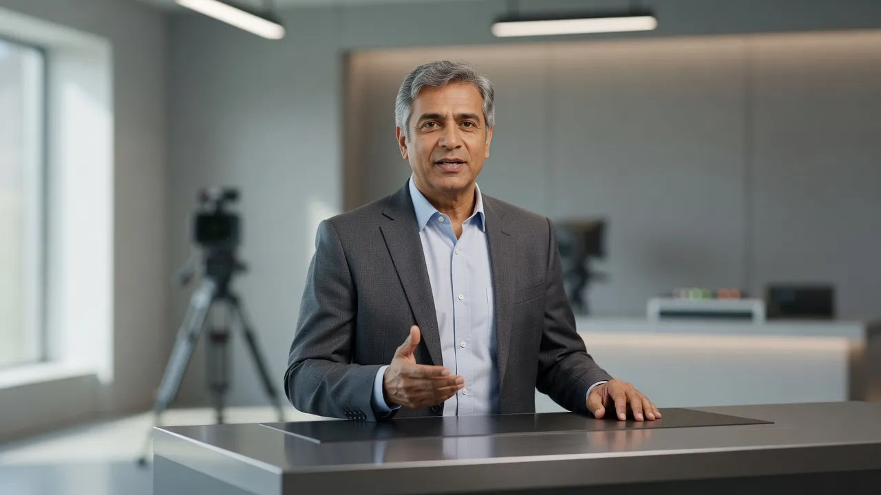 Presenter speaking a natural Gujarati line to camera in a studio