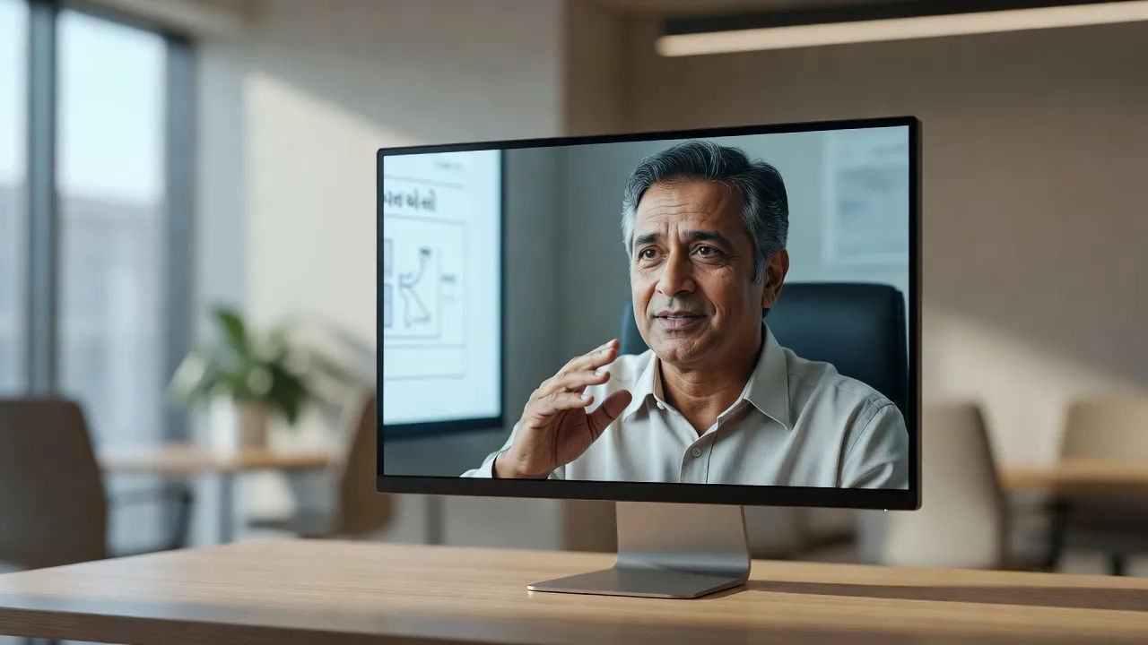 Training video playing a Gujarati voiceover on a monitor