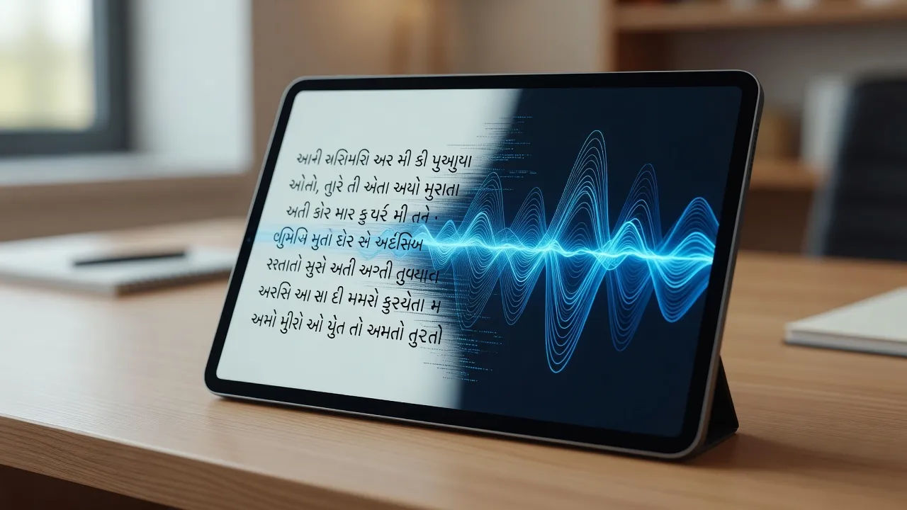 A script turning into a Gujarati voiceover waveform on a tablet
