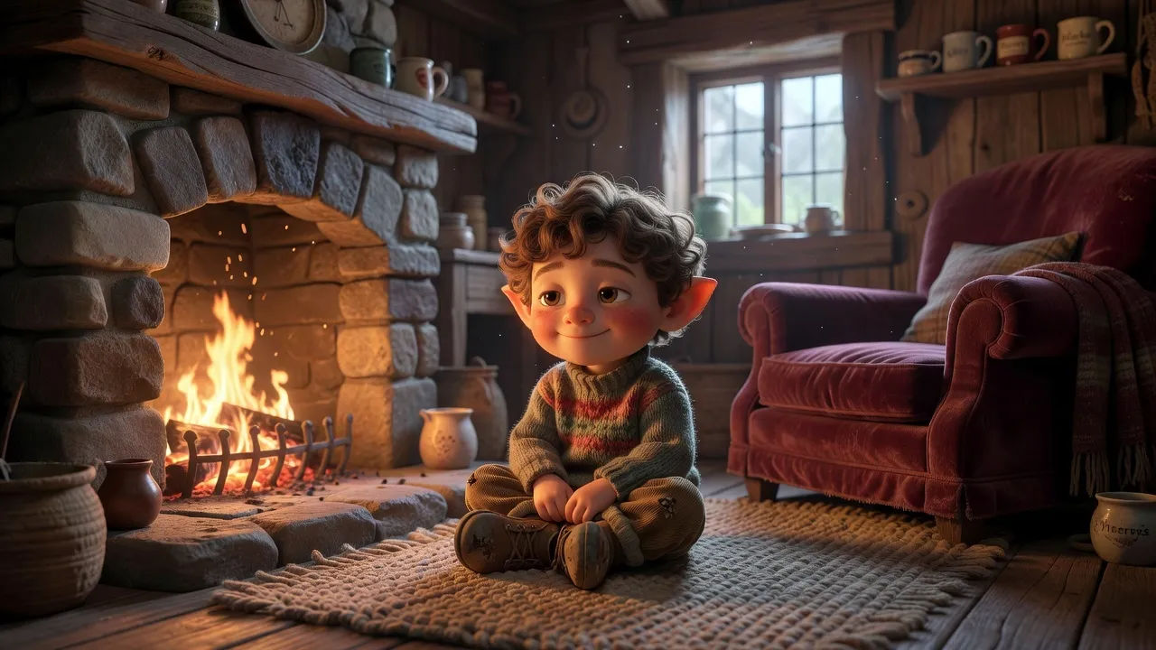 Small cartoon halfling with curly hair by a warm hearth in a snug cottage
