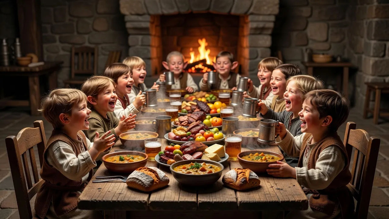 Group of halflings sharing a meal at a long table in a firelit hall