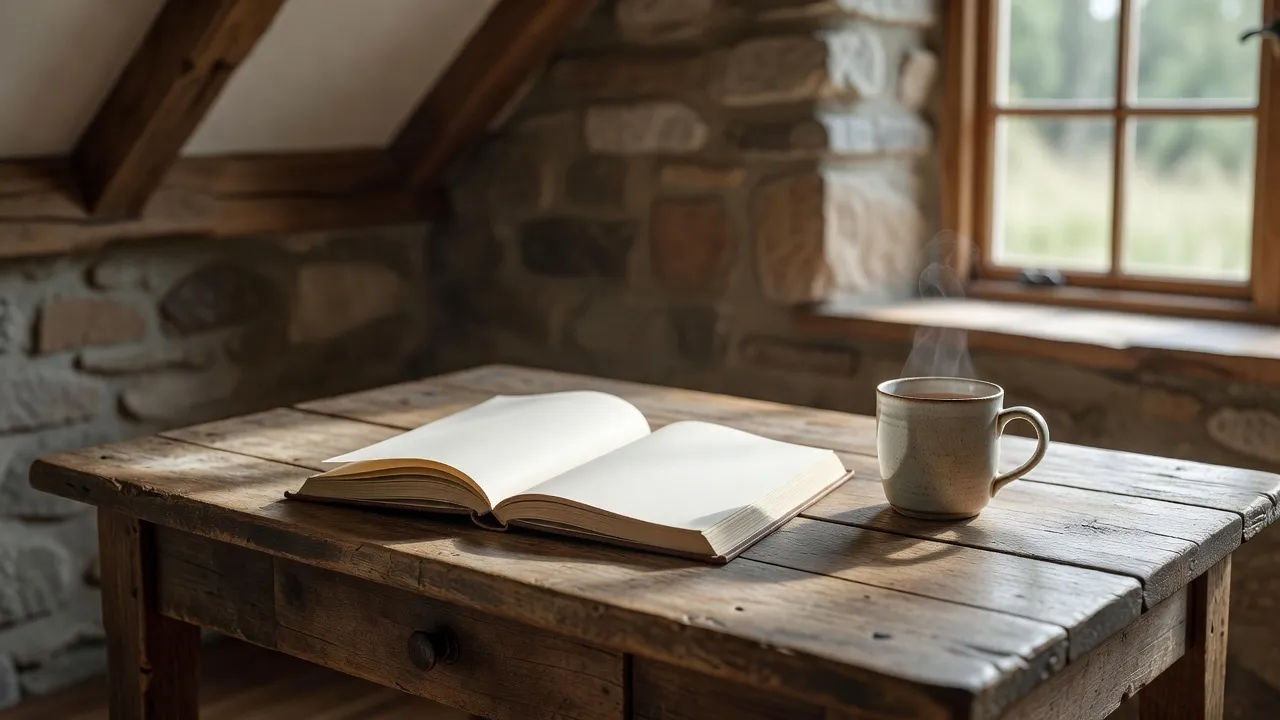 Rustic cottage desk with an open script and a mug of tea in soft light
