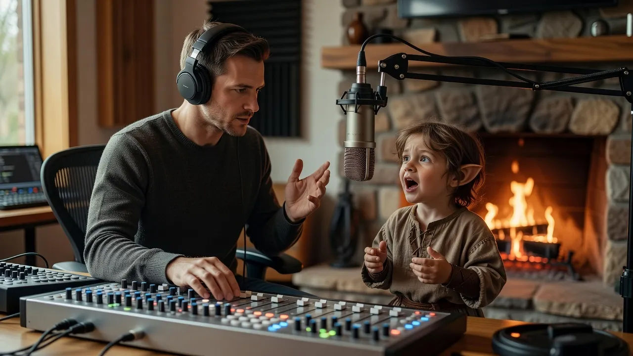 Sound designer directing a halfling voice at a warm firelit console