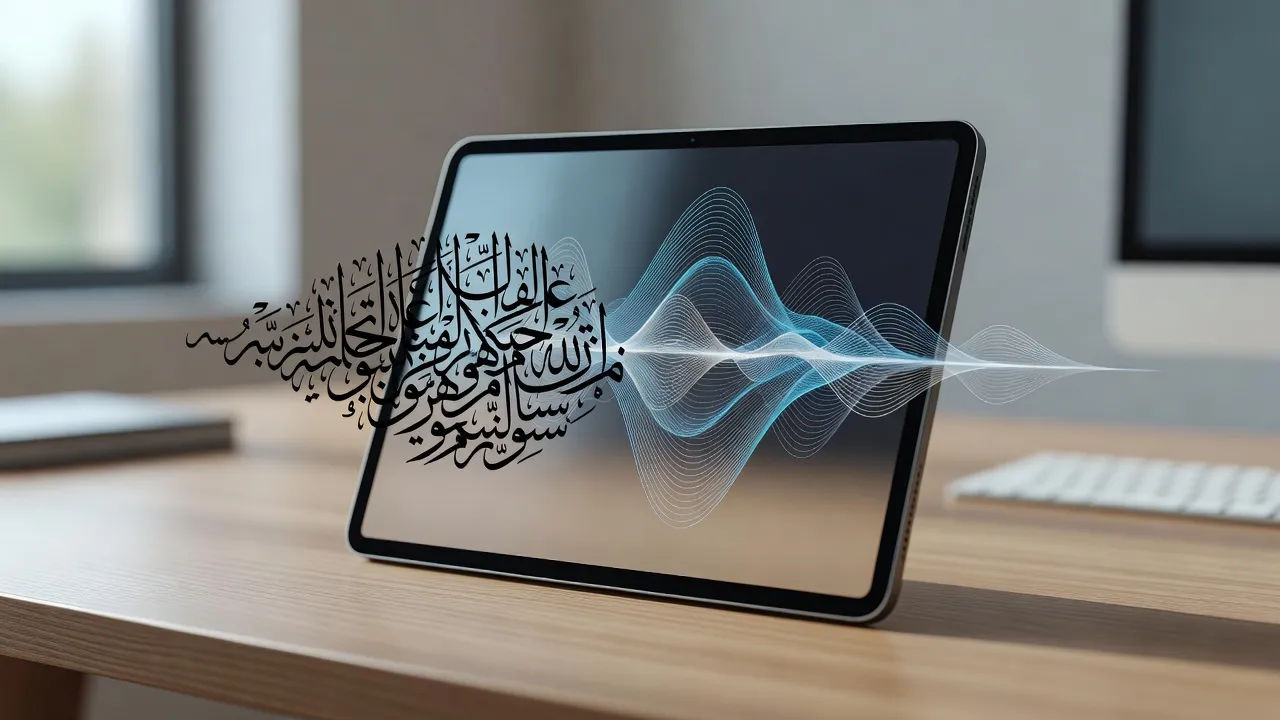 Hausa script turning into a voiceover waveform on a tablet