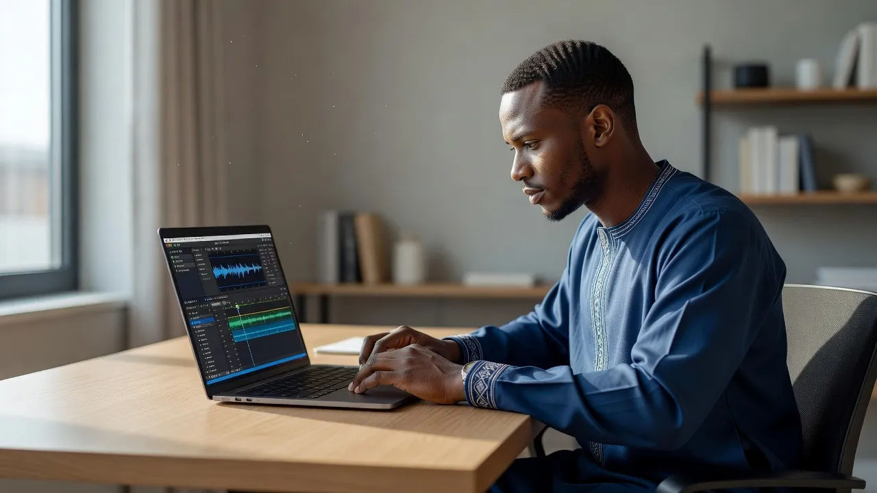 Editing a Hausa voice prompt on a laptop for a localized campaign