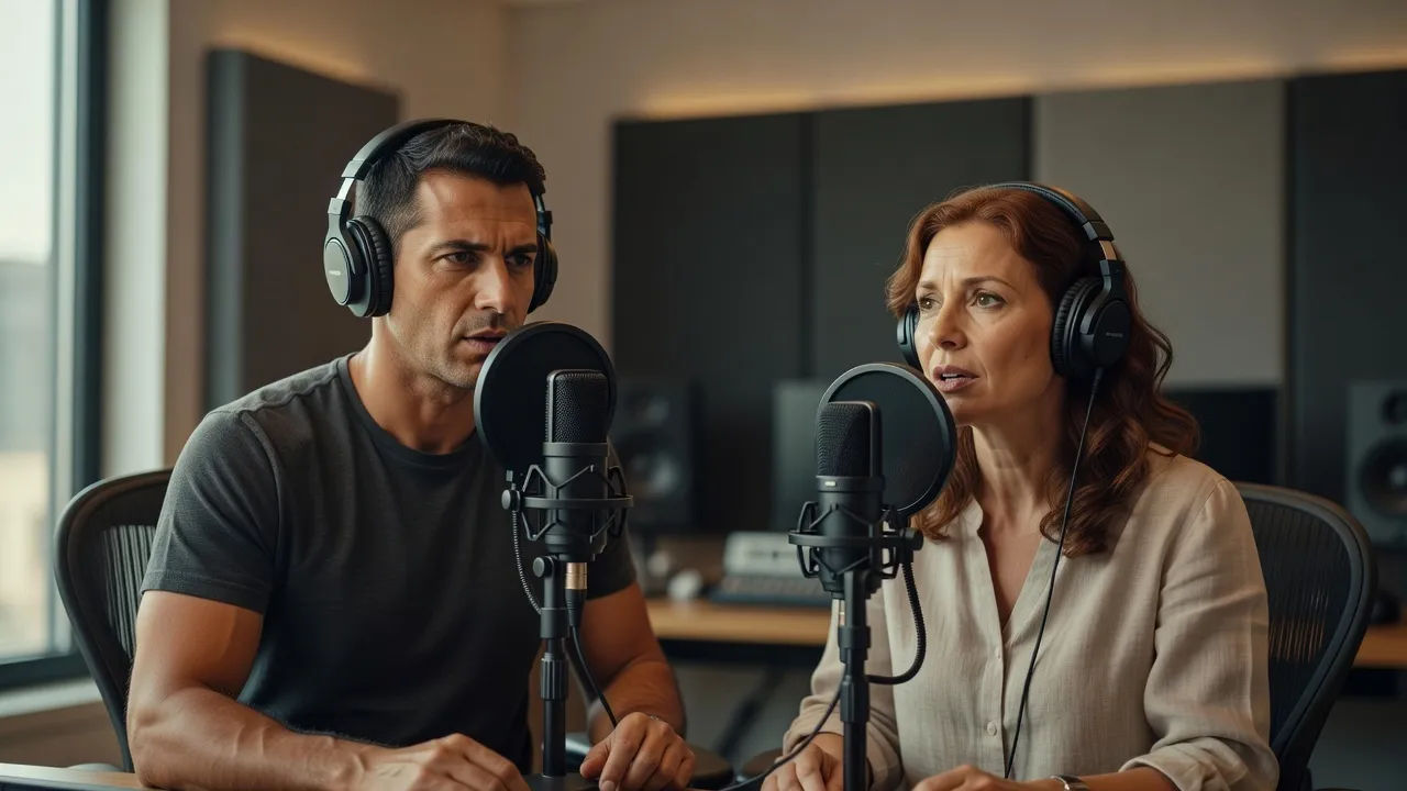 Two native Hebrew voices recording a localized dub