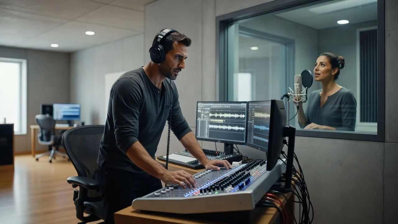 Sound designer directing a Hebrew voice at a console
