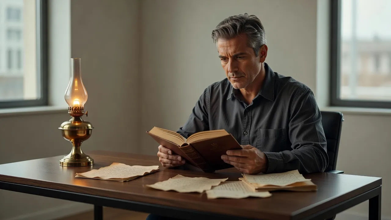 Narrator reading with saga gravity beside an oil lamp and letters