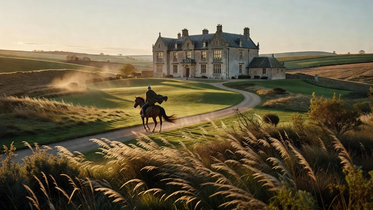 A windswept country estate at golden hour with a distant rider