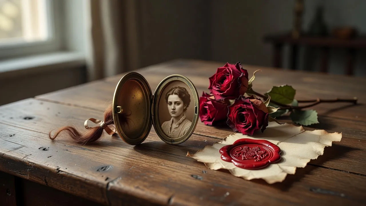 Open period saga beside a locket, dried roses, and a wax seal
