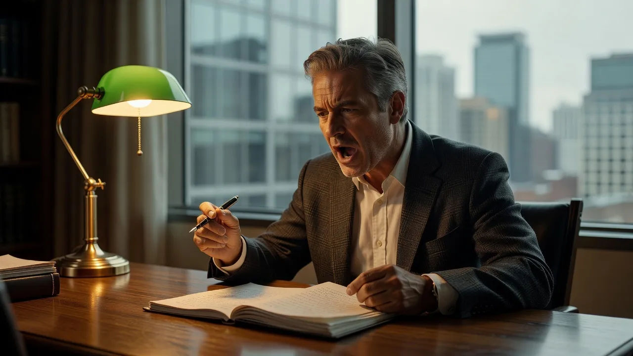 Author directing a sweeping voice at a lamp-lit writing desk