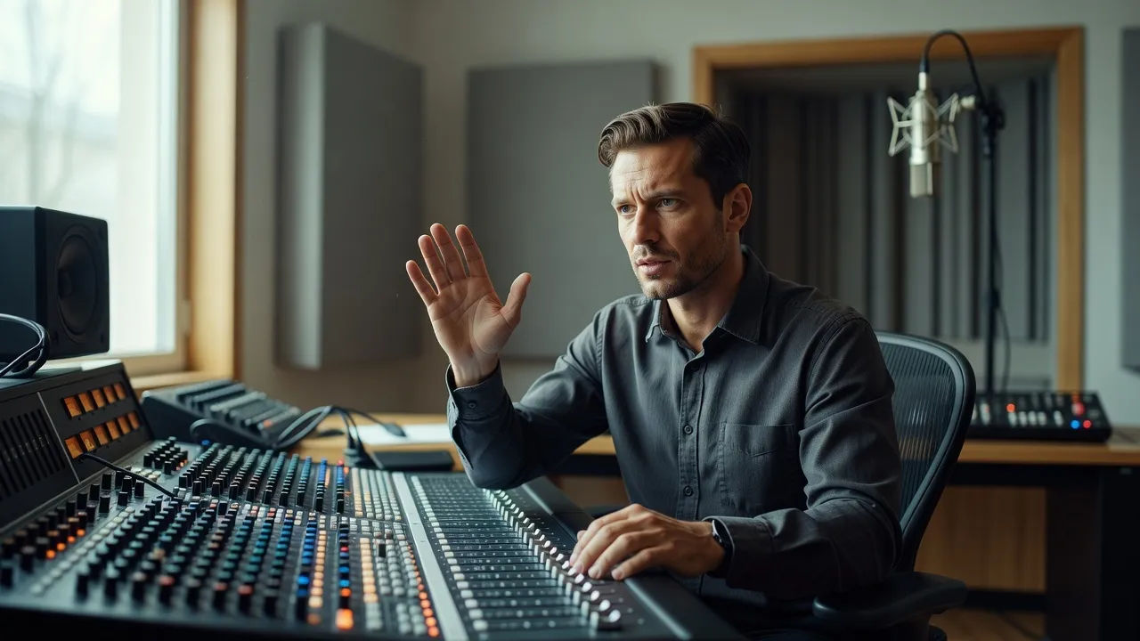 Sound designer directing a Hungarian English accent voice at a console