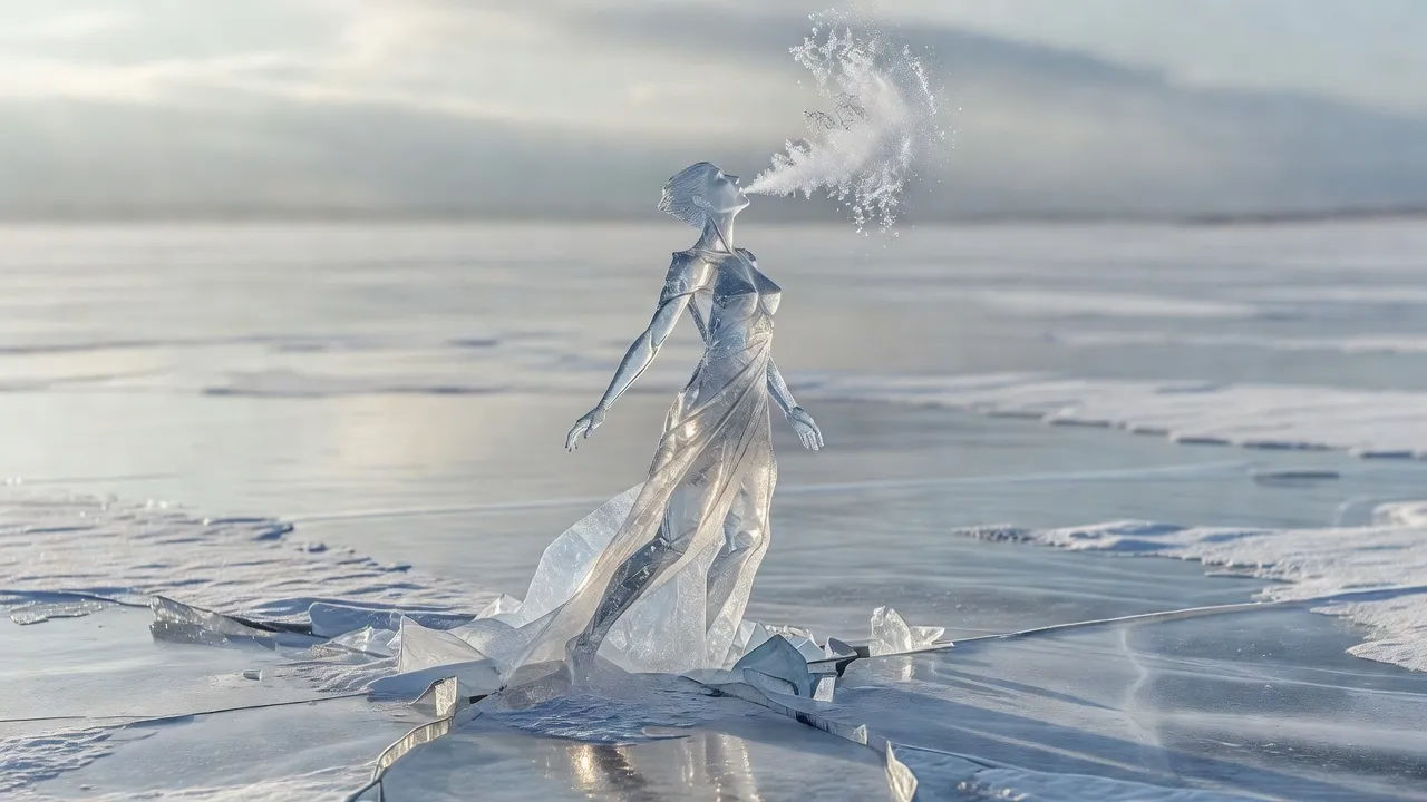 Several ice spirits of different sizes drifting through a snowbound pine forest