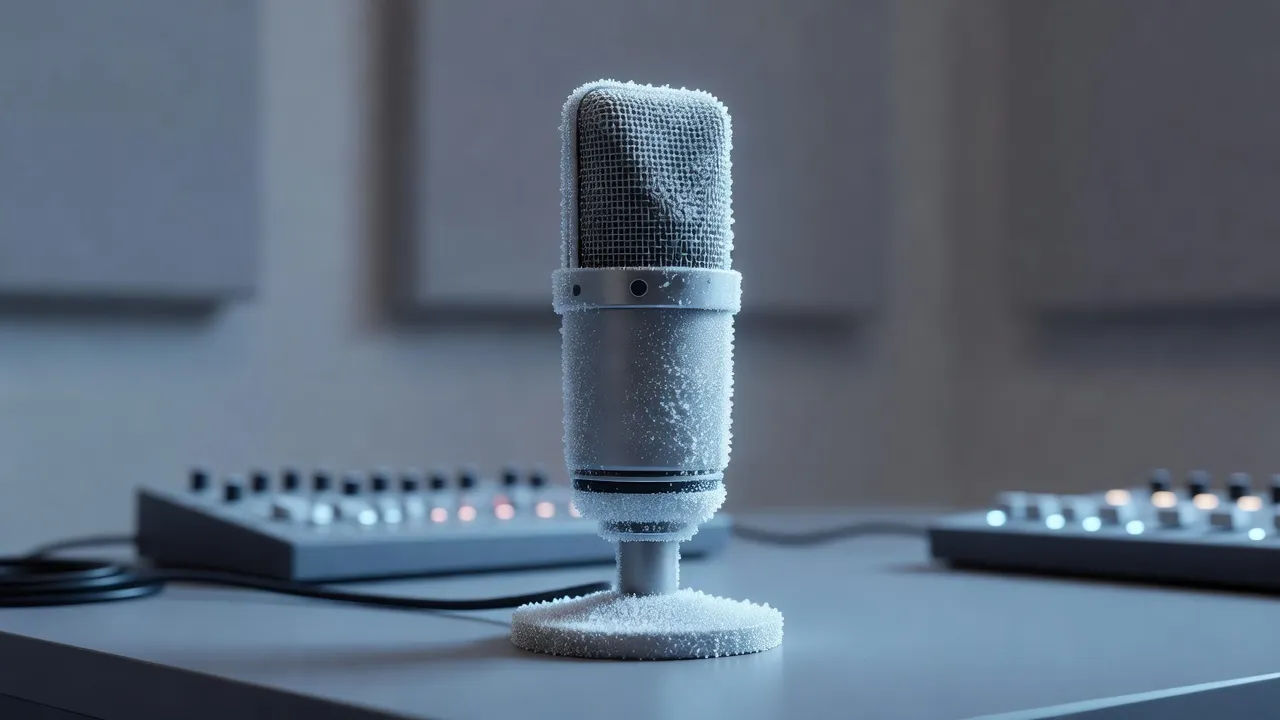 A sound designer shaping a glowing blue ice spirit voice at a console