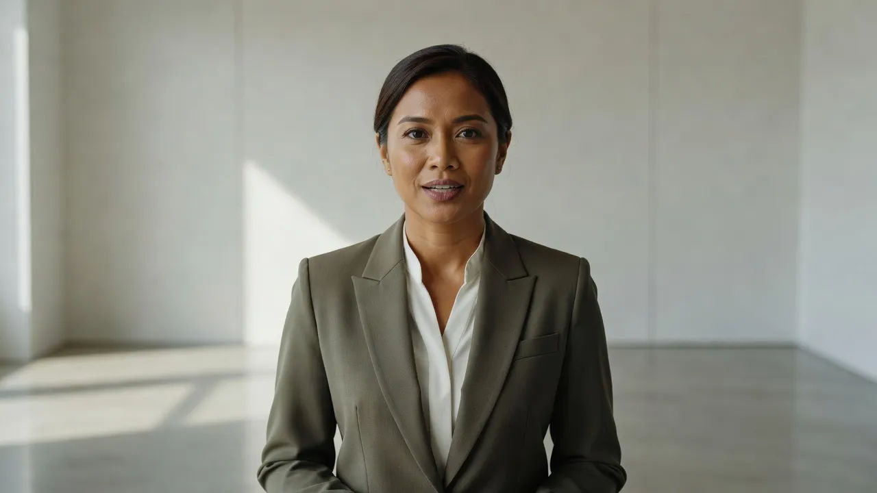 Presenter speaking a natural Indonesian line to camera in a studio