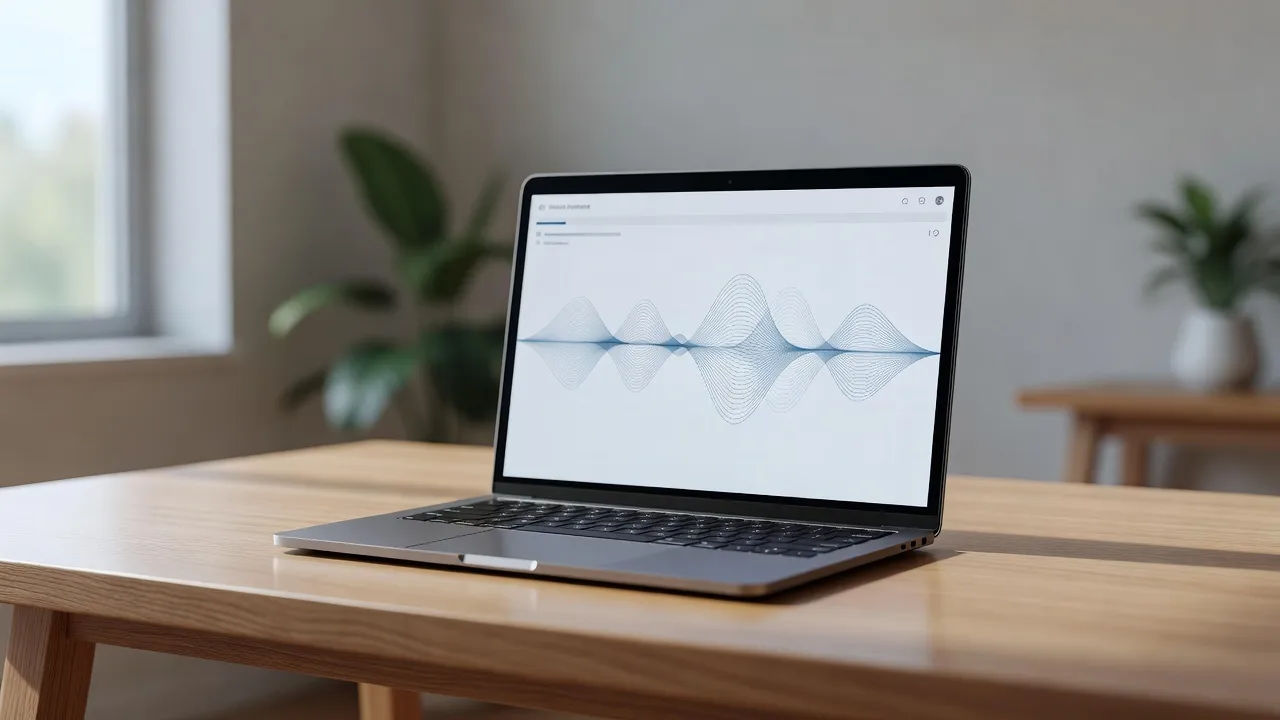 E-learning module playing an Indonesian voiceover on a laptop