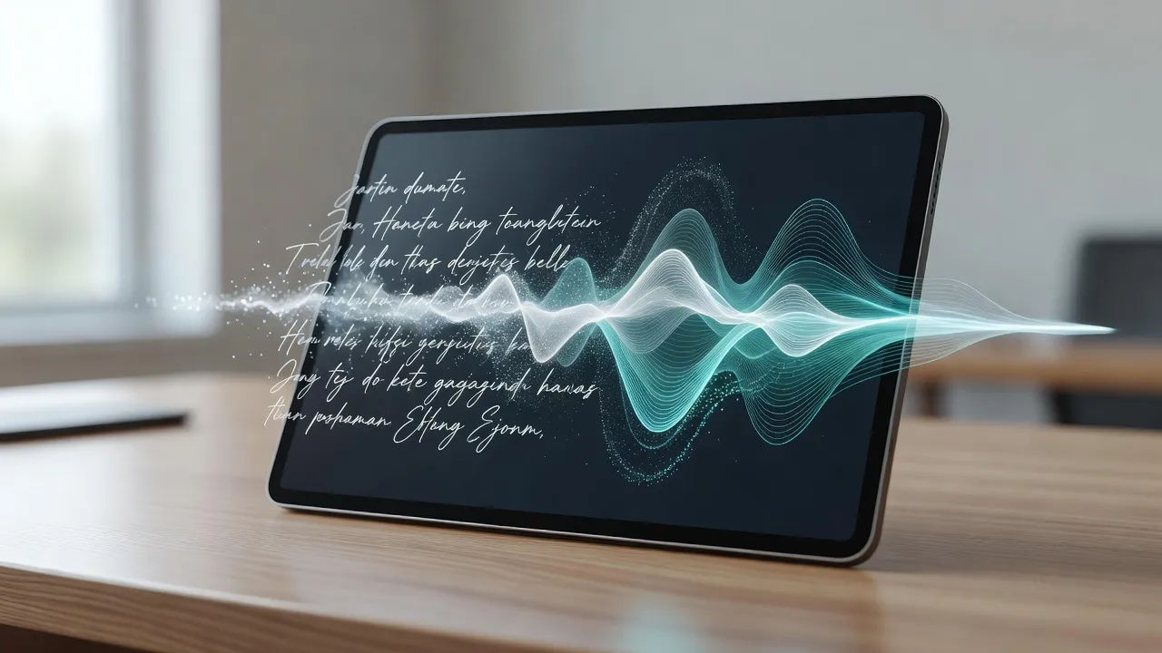 A script turning into an Indonesian voiceover waveform on a tablet