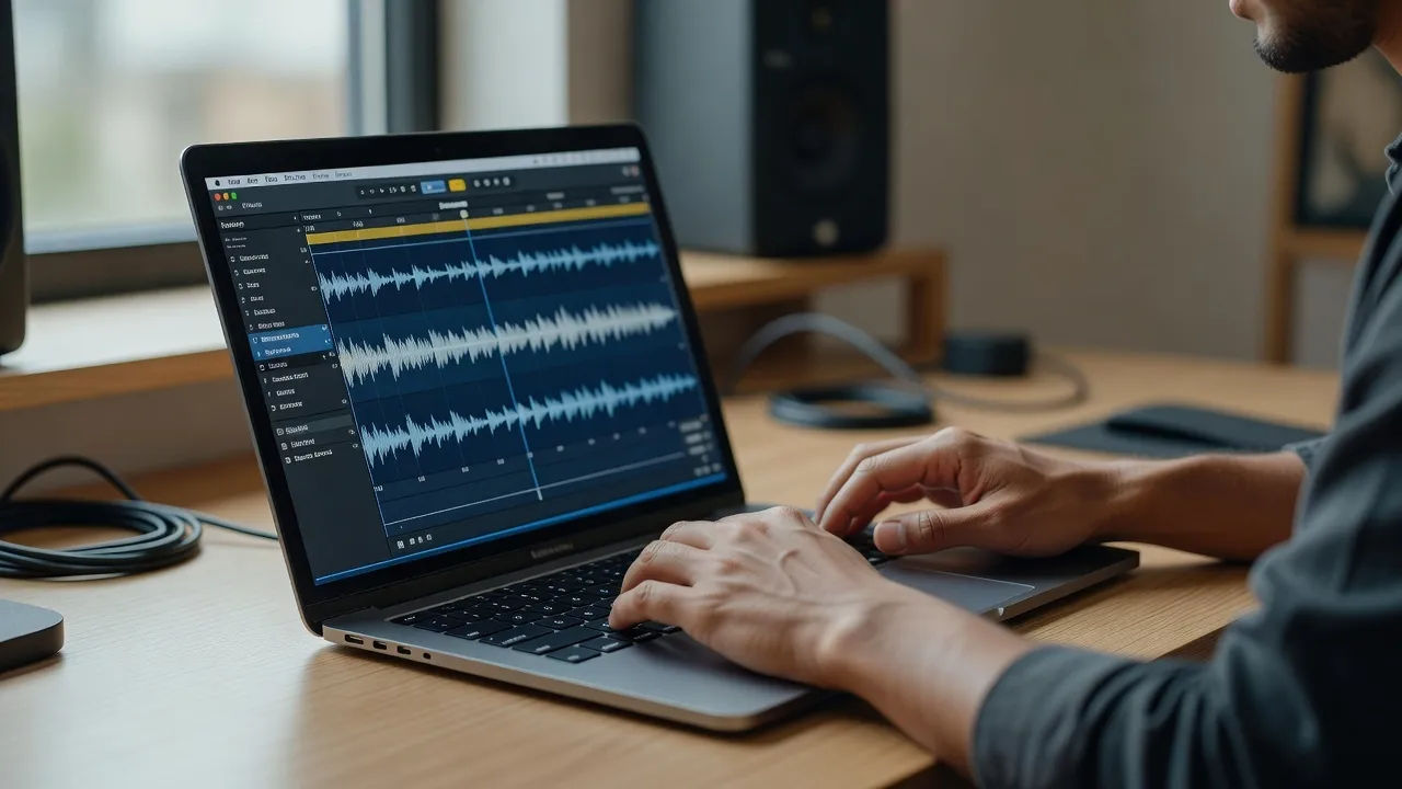 Editing an Indonesian voice prompt on a laptop for a dubbing project