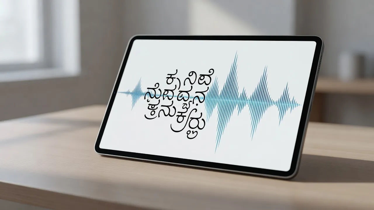 Kannada script turning into a voiceover waveform on a tablet