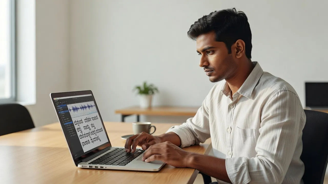 Editing a Kannada voice prompt on a laptop for a localized campaign