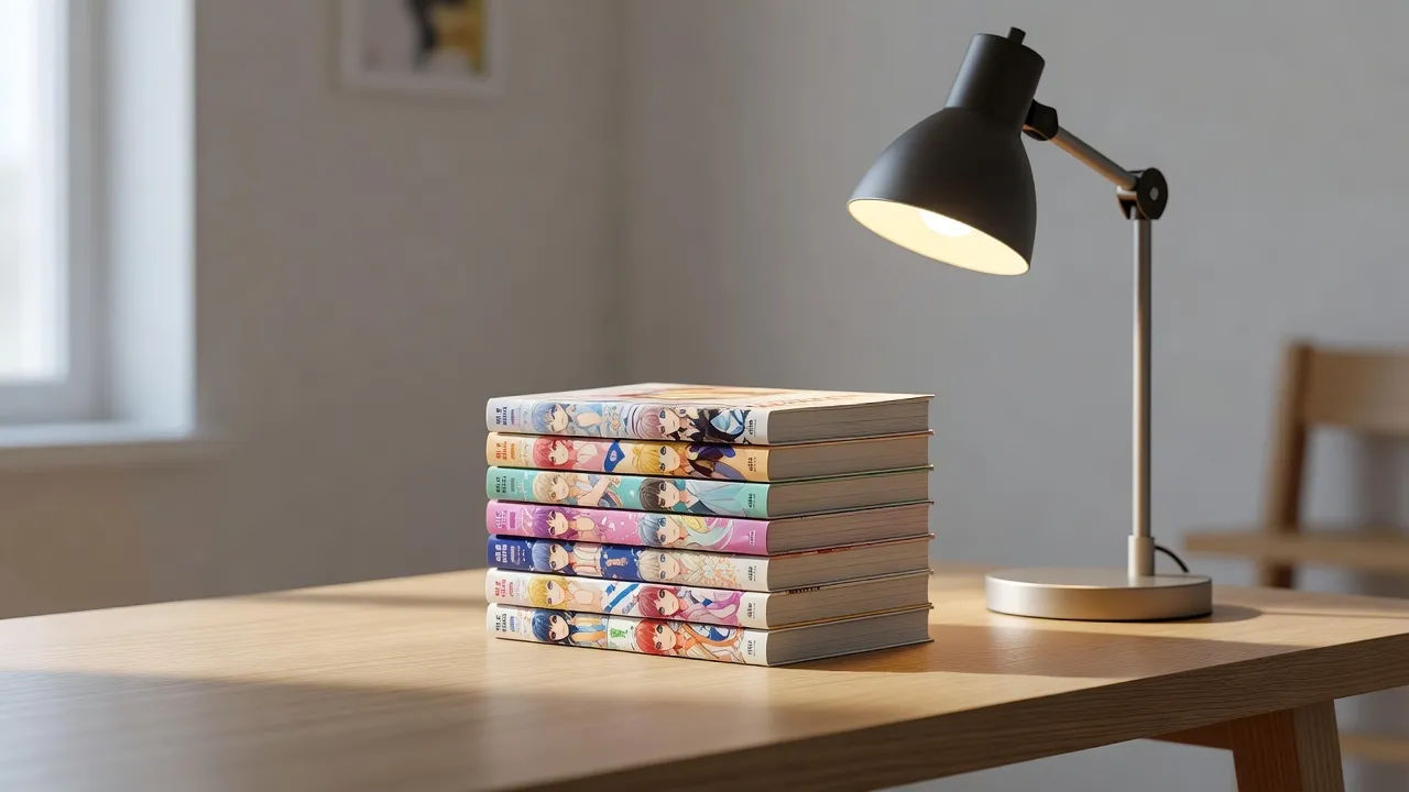 Stack of illustrated light novels beside a reading lamp