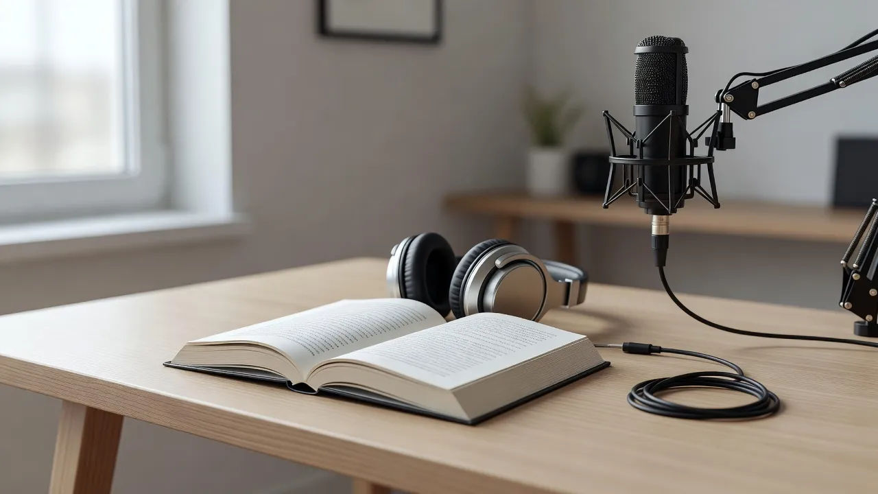Open light novel on a desk beside headphones and a mic