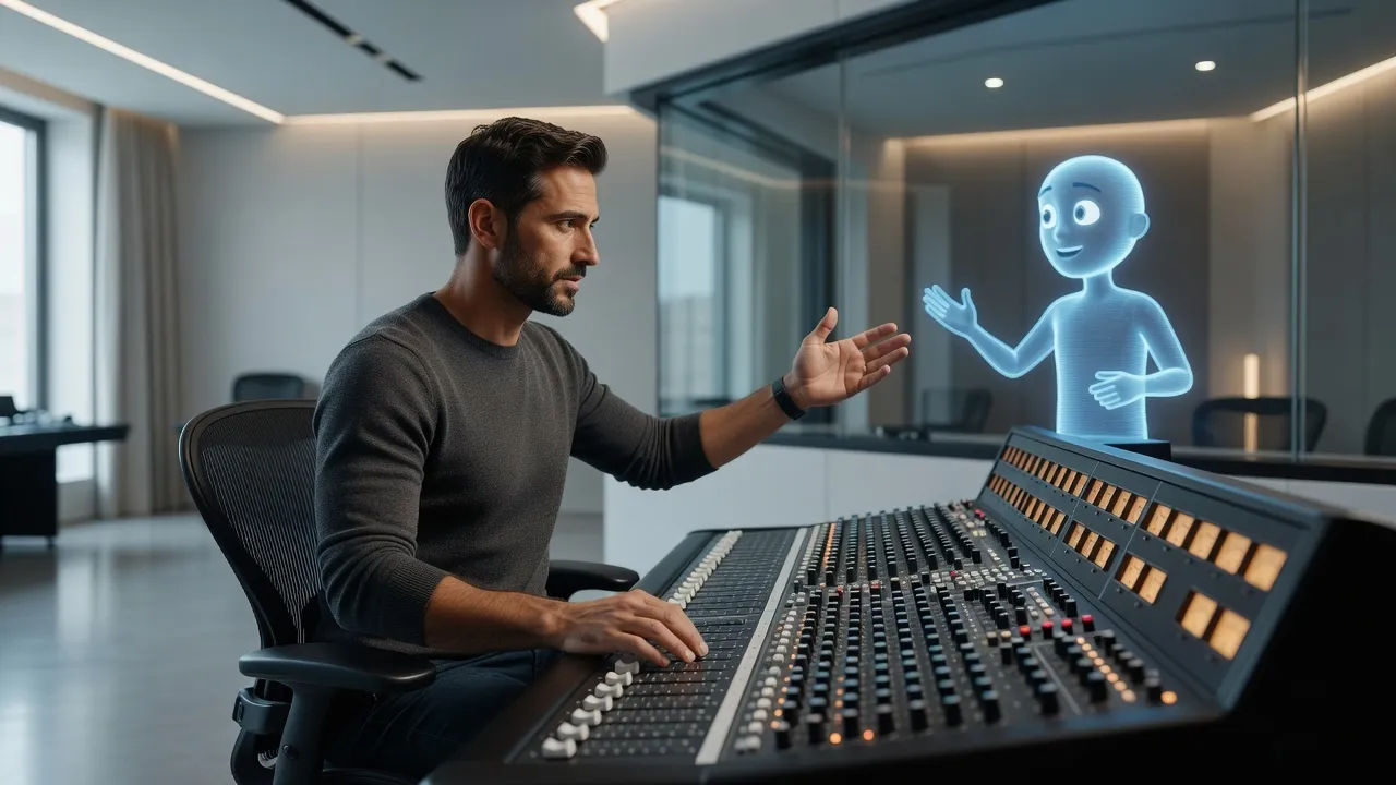 Sound designer directing an animated narrator voice at a console