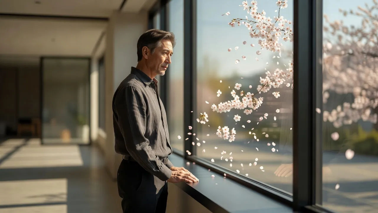 Narrator by a sunlit window where petals drift upward past the glass