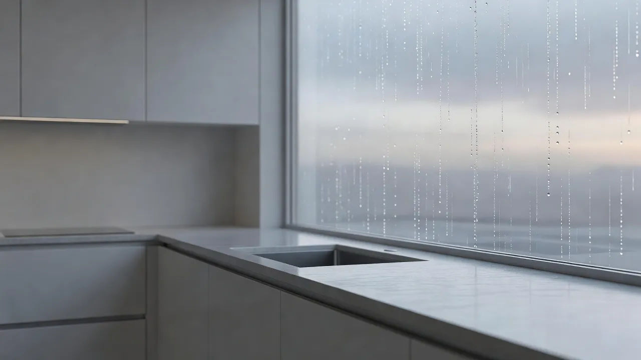 A quiet kitchen at dawn where rain falls softly upward outside the window