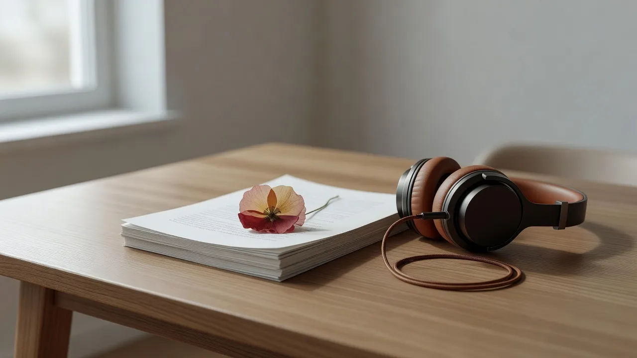 Literary manuscript beside headphones and a single pressed flower