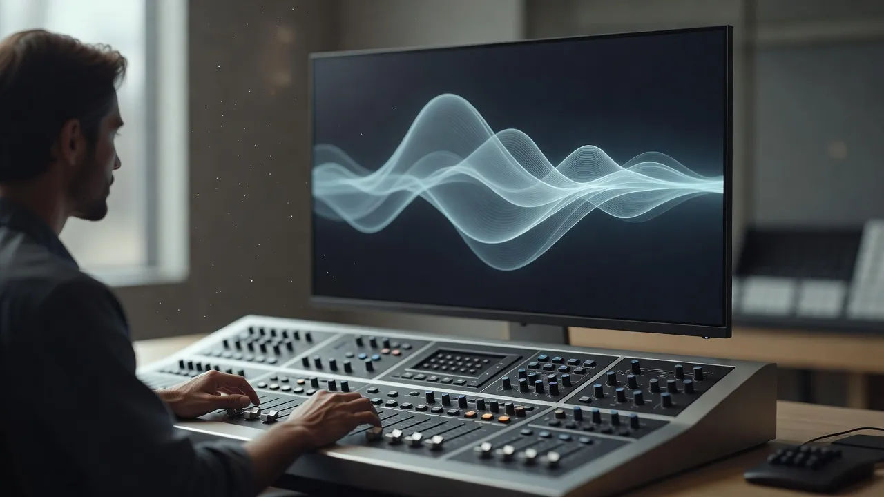 Sound designer at a console with a soft, flowing waveform on screen
