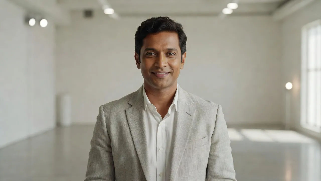 Host delivering a Malayalam line to camera in a bright studio