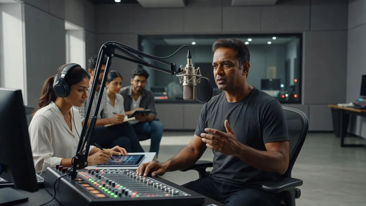 Localization team recording Malayalam dubbing for a film scene
