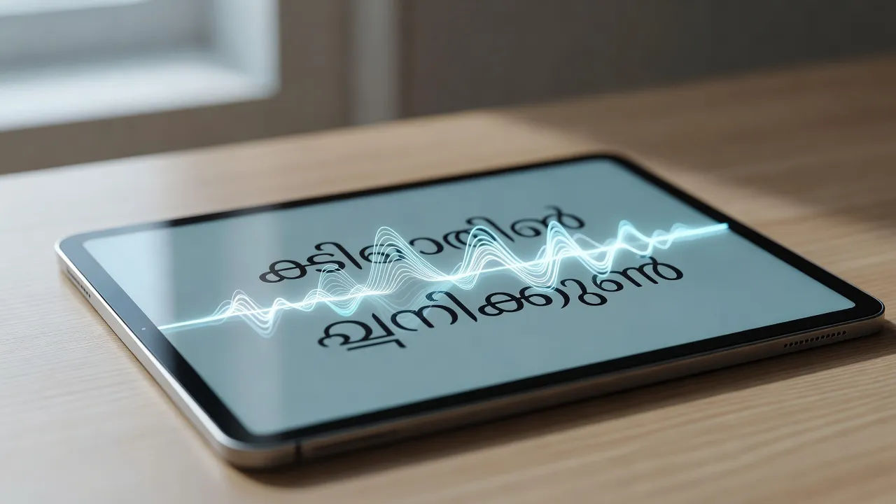 Malayalam script turning into a voiceover waveform on a tablet