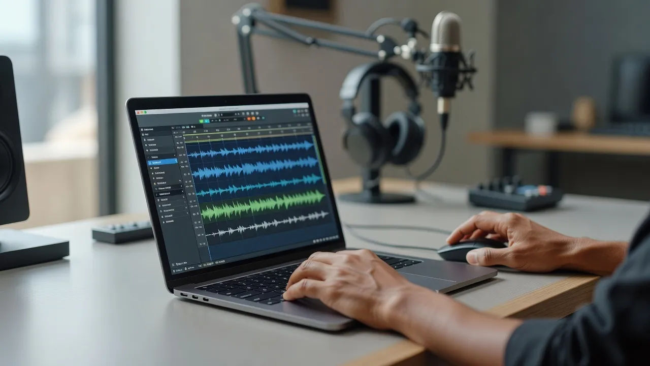 Editing a Malayalam voice prompt on a laptop for a dubbed film