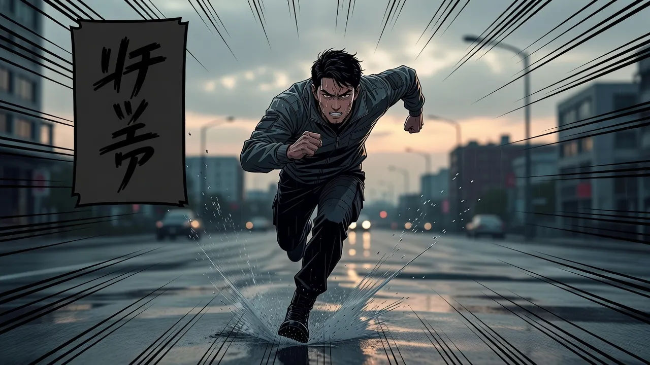 Dynamic manga page with speed lines and a dramatic narration box