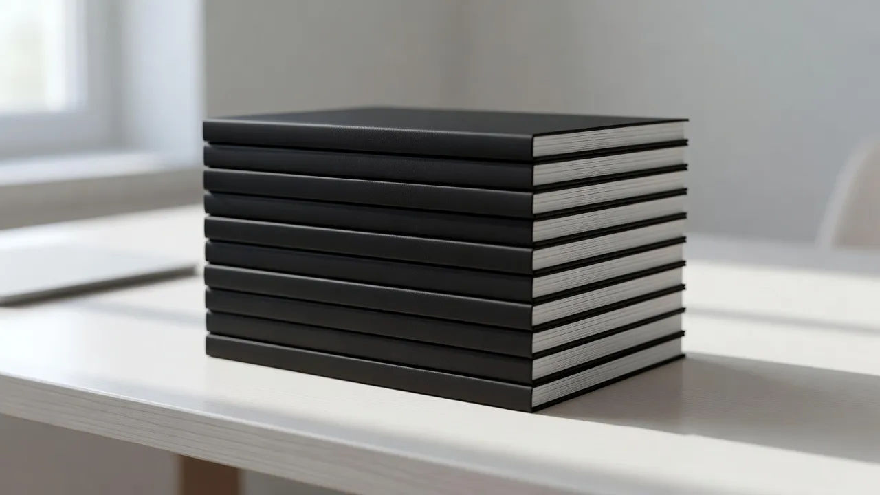 Stack of black-and-white manga volumes on a bright desk