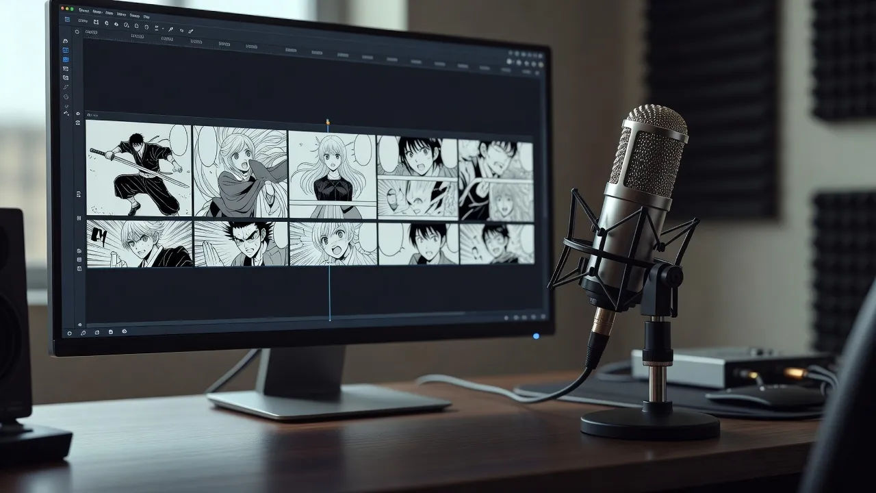Manga panels on an editing timeline beside a narration mic