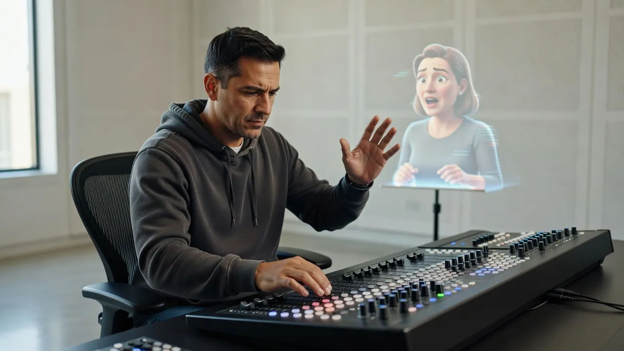 Sound designer directing an animated narrator voice at a console