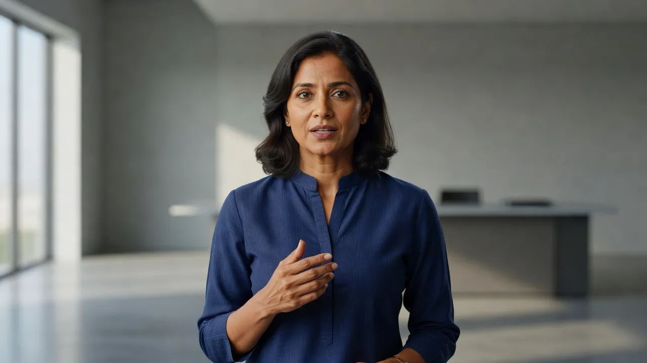 Presenter speaking a natural Marathi line to camera in a studio