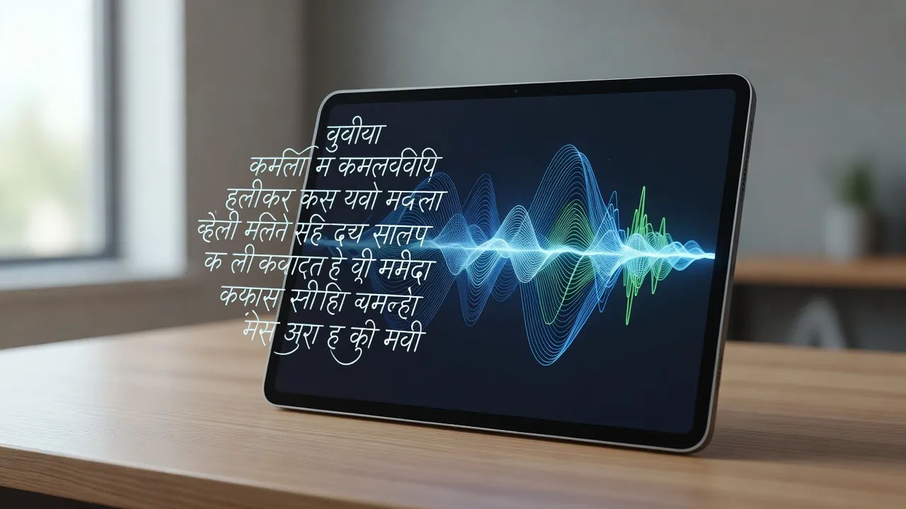 A script turning into a Marathi voiceover waveform on a tablet