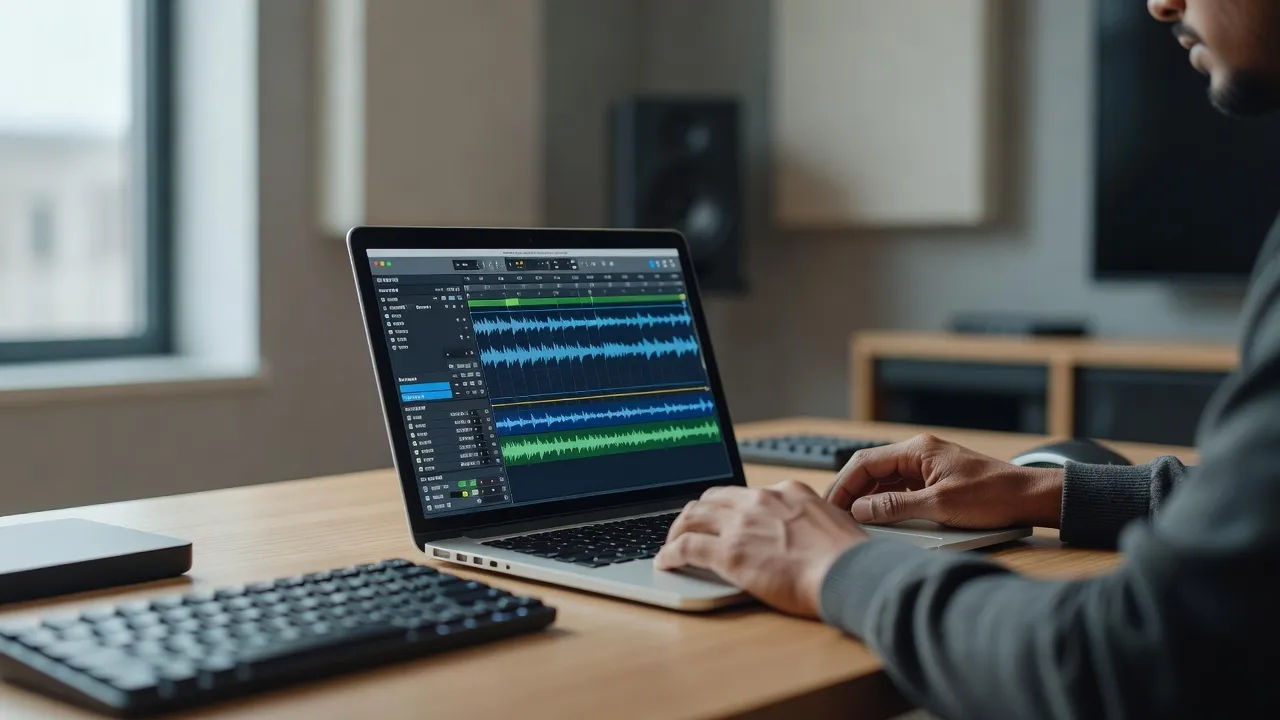 Editing a Marathi voice prompt on a laptop for a dubbing project